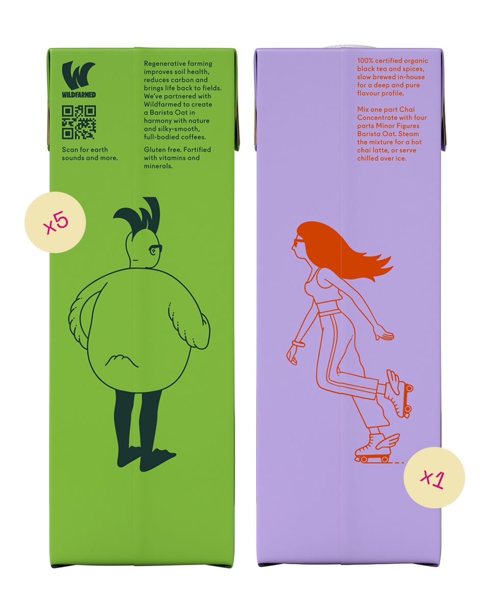 Minor Figures Barista Oat Drink (Regenerative, UK-grown) x5 and Minor Figures Organic Barista Chai Concentrate x1 – bundle packshot.