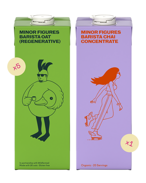 Minor Figures Barista Oat Drink (Regenerative, UK-grown) x5 and Minor Figures Organic Barista Chai Concentrate x1 – bundle packshot.